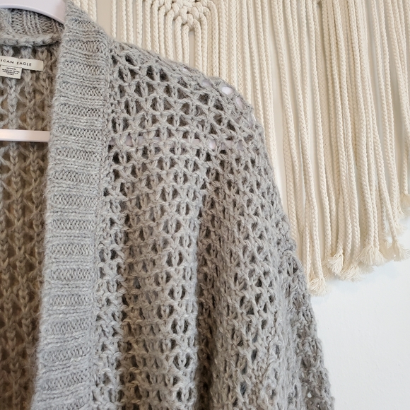 AE Gray Open Knit Open Front Sweater Cardigan M - Picture 3 of 7